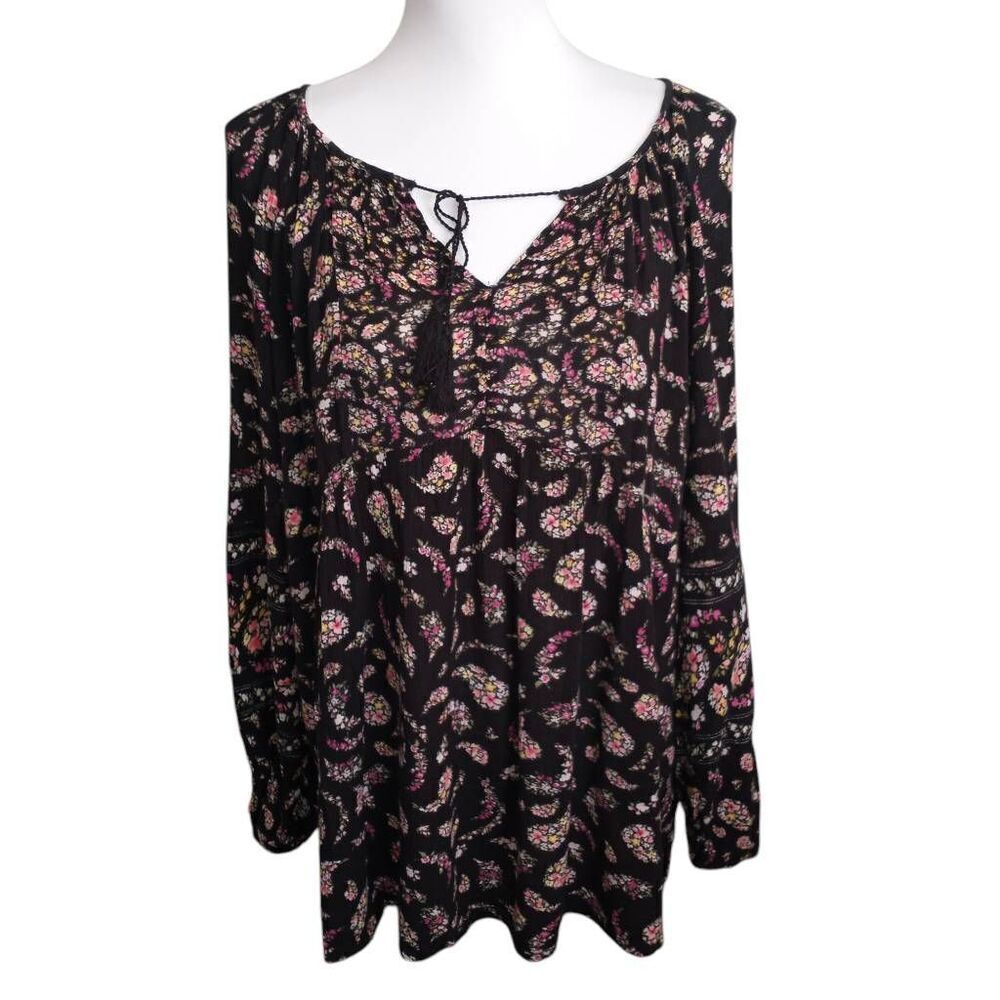OLD NAVY BLACK & PINK FLORAL BOHO-INSPIRED BLOUSE SZ.L EUC